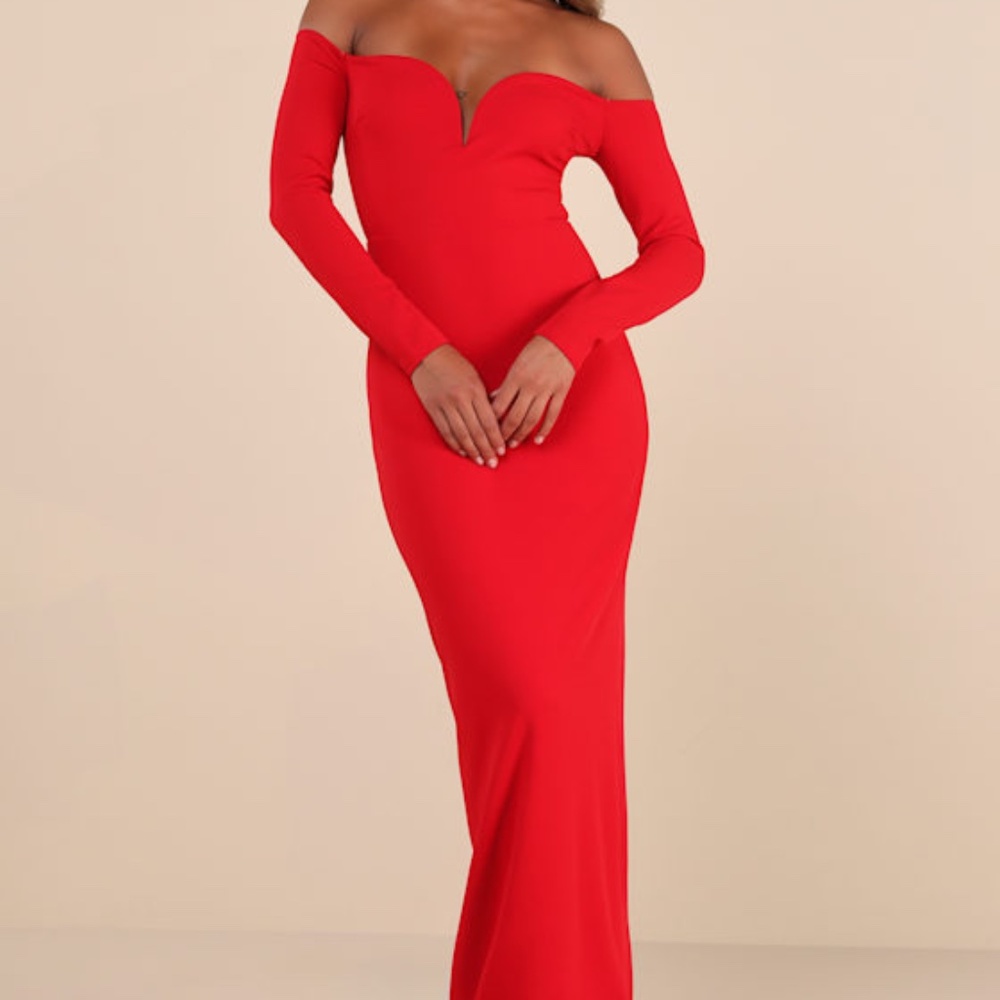 Lulus Opulent Perfection Red Long Sleeve Off-the-shoulder Maxi Dress - Size XL